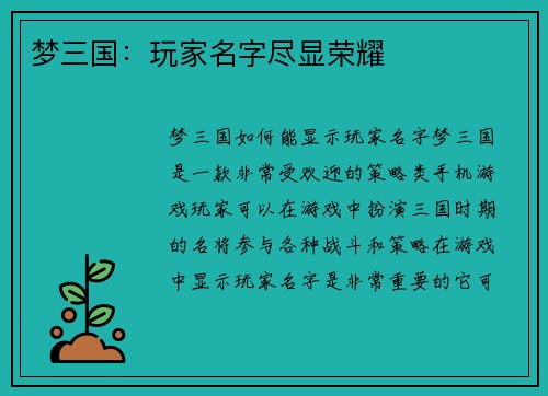 梦三国：玩家名字尽显荣耀